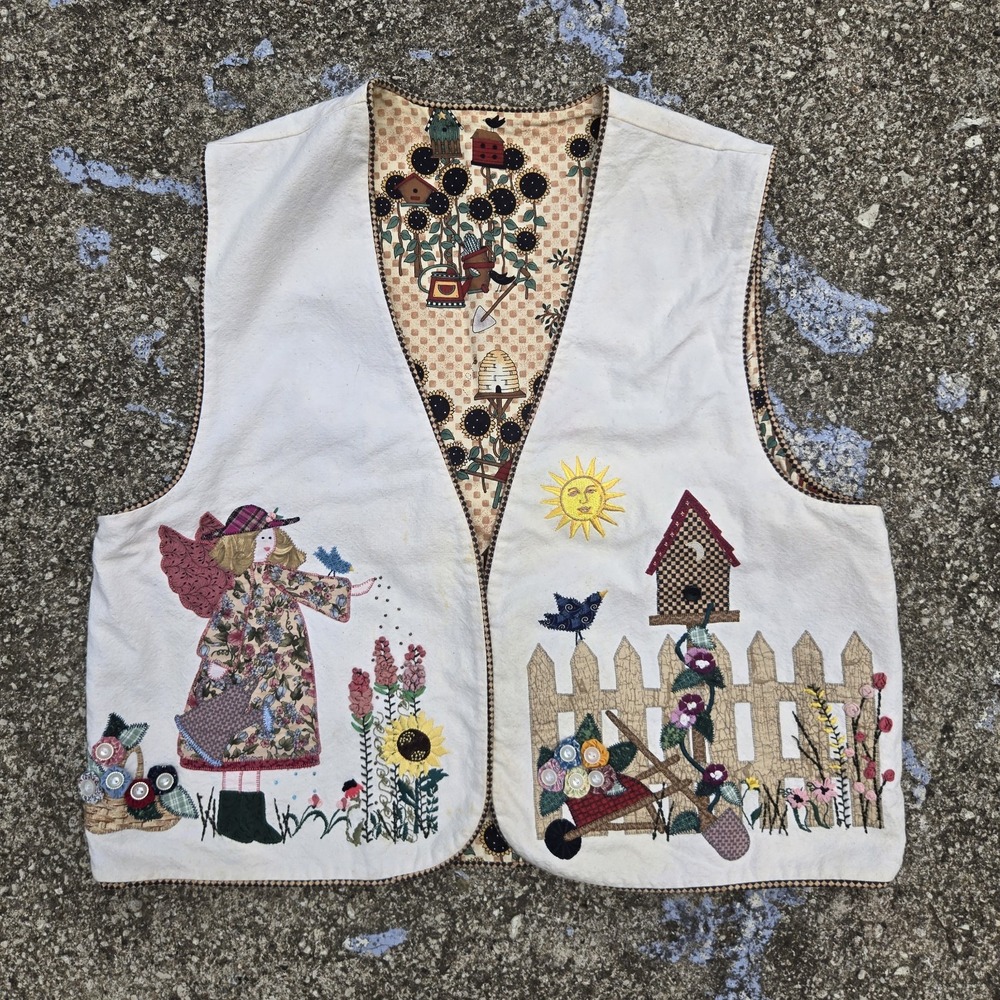 Vtg Handmade AOP Embroidered beaded appliqué whimsical vest Artsy CottageCore OS